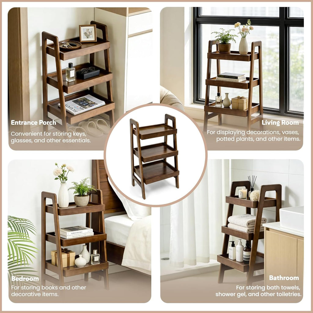 100% Solid Wood Ladder Shelf, 3 Tier Small Ladder Bookshelf, Freestanding Display Ladder Shelves with Open Storage for Living Room, Bedroom, Home Office, Saving Space, Walnut