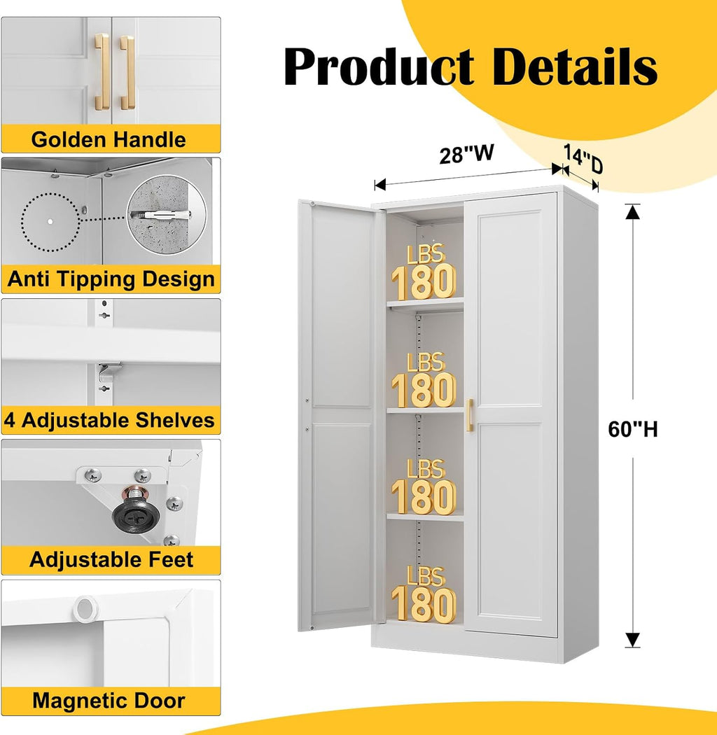 Steeloong 60"Metal Pantry Storage Cabinet with Doors & 3 Adjustable Shelves | Kitchen Pantry Cabinet,White Kitchen Cabinet with 2 Gold Handles,Tall Cabinet for Livingroom,Pantry, Bathroom,Kitchen