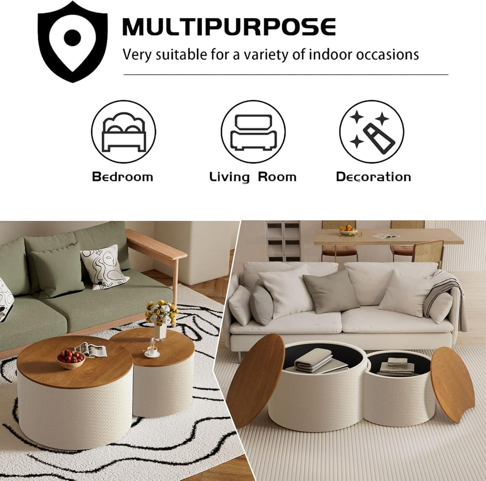 26.8 in White Round Storage Nesting Coffee Table Set of 2 | Modern Round Side...
