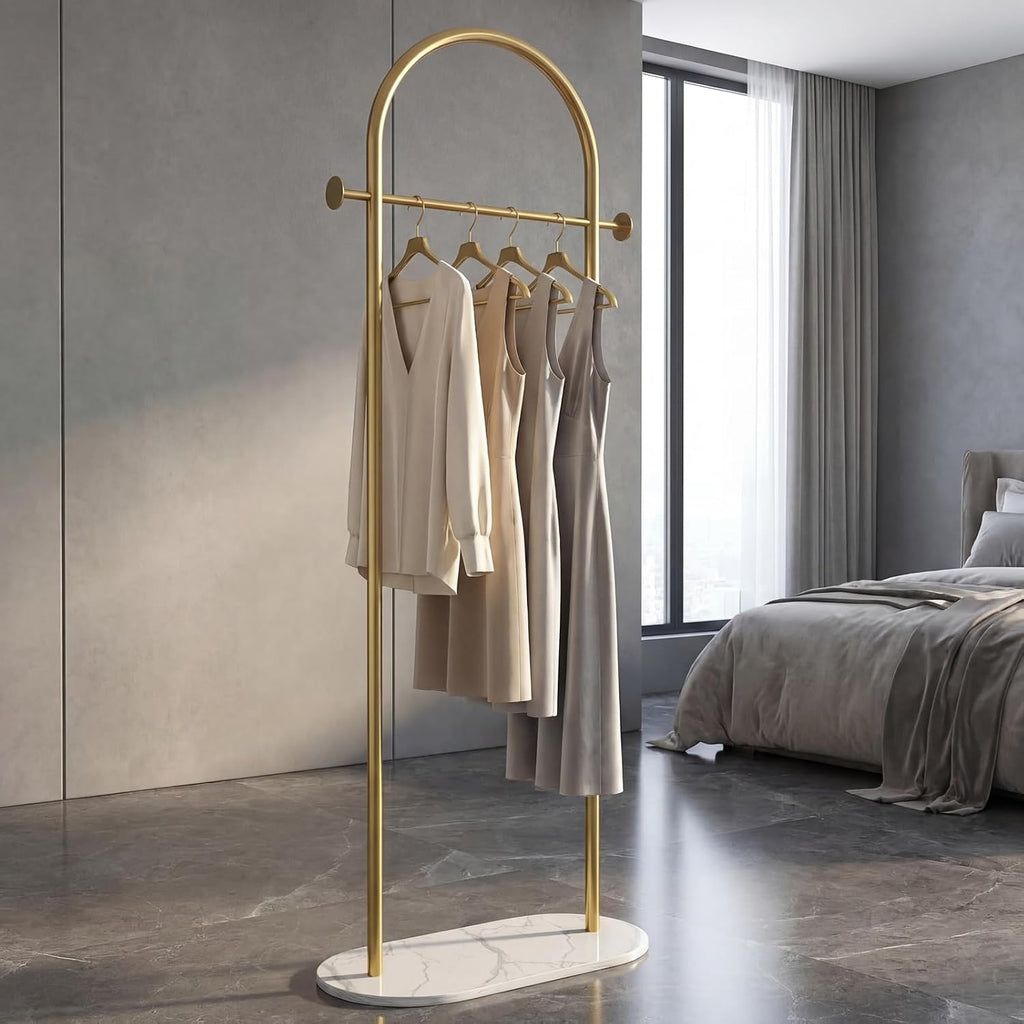 Gold Clothing Rack, Modern Clothes Rack with Shelf, Heavy Duty Freestanding Coat Rack, Metal Coat Hanger Stand with Hooks for Boutique Office