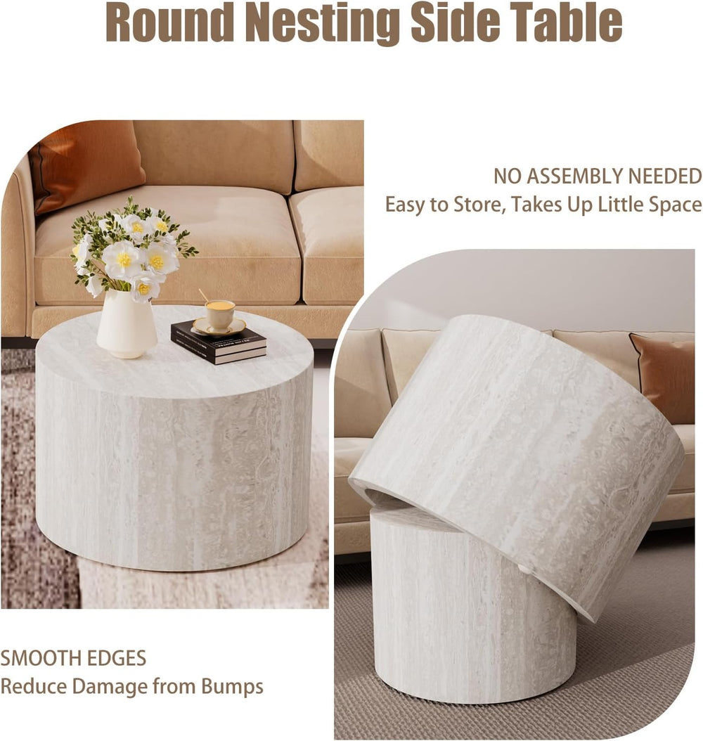 Nesting Coffee Table Set of 2 (C Light Beige Travertine) | Modern Round Coffe...