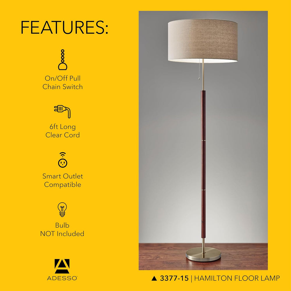 Adesso Floor Lamp, Natural Oak & Off-White Fabric, 3-Way, 65.5”