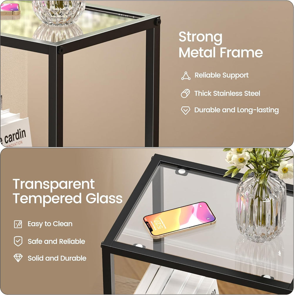 Side Tables Set of 2,Tempered Glass End Tables, 2-Tier Nightstands with Open ...
