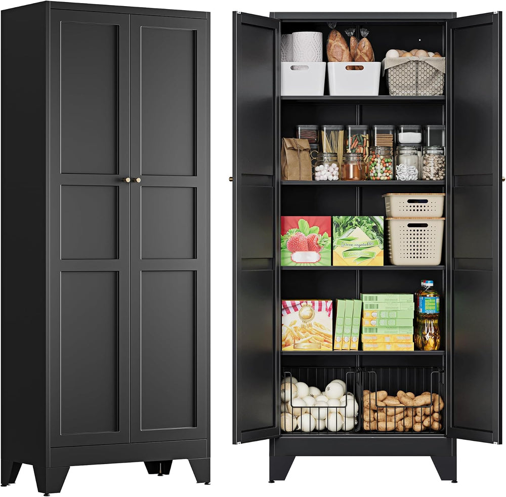 PEUKC 75" Farmhouse Metal Storage Cabinet with Doors and 4 Adjustable Sh...
