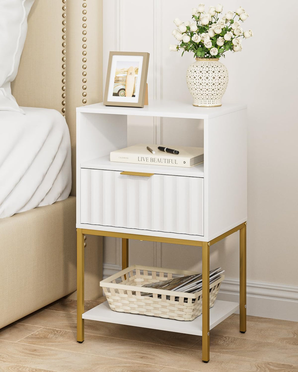 Nightstand,Modern Bedside Table with One Drawer and Two Shelf，White Night Sta...