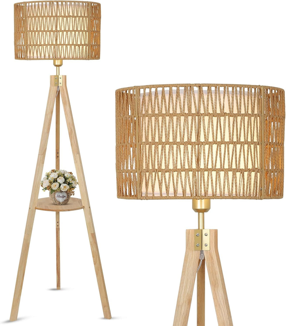 LAMSU Oak Wood Tripod Floor Lamps for Living Room, Boho Floor Lamp with Shelv...