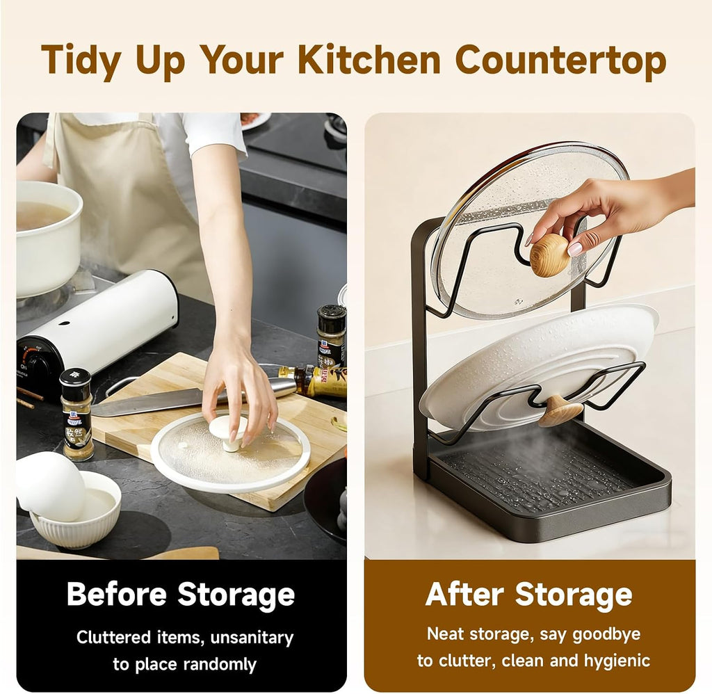 2-Tier Pot Lid Holder with Detachable Drip Tray, Kitchen Organizer | Two-tier countertop rack stores pot lids, pan covers, cutting boards, and ladles; detachable tray helps collect drips.