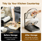 2-Tier Pot Lid Holder with Detachable Drip Tray, Kitchen Organizer | Two-tier countertop rack stores pot lids, pan covers, cutting boards, and ladles; detachable tray helps collect drips.