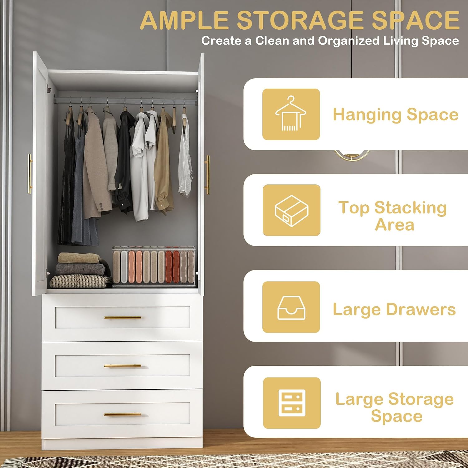 Armoire Wardrobe Closet with Drawers: 75" White Large Wardrobe Closet with Doors, Tall Clothes Cabinets for Bedroom, Wood Clothes Armoire with Hanging Rod