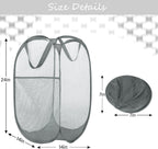 BATTOO Deluxe Strong Mesh Pop up Laundry Hamper Basket with Side Pocket for Laundry Room, Bathroom, Kids Room, College Dorm or Travel 3 x Grey