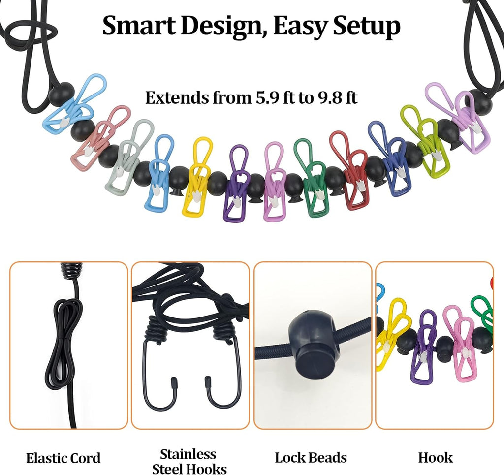Travel Clothesline Retractable Portable Clothesline with 12 Clips Portable Elastic Camping Clothes Line with Anti-Slip Beads & Stainless Hooks for Hotel, RV, Boat, Outdoor Use (1 Pack)