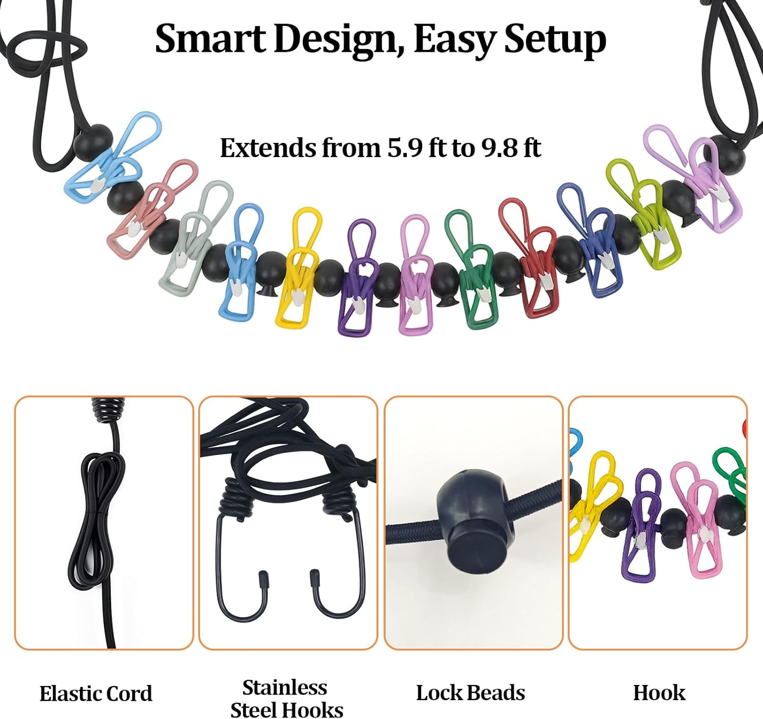 Travel Clothesline Retractable Portable Clothesline with 12 Clips Portable Elastic Camping Clothes Line with Anti-Slip Beads & Stainless Hooks for Hotel, RV, Boat, Outdoor Use (1 Pack)