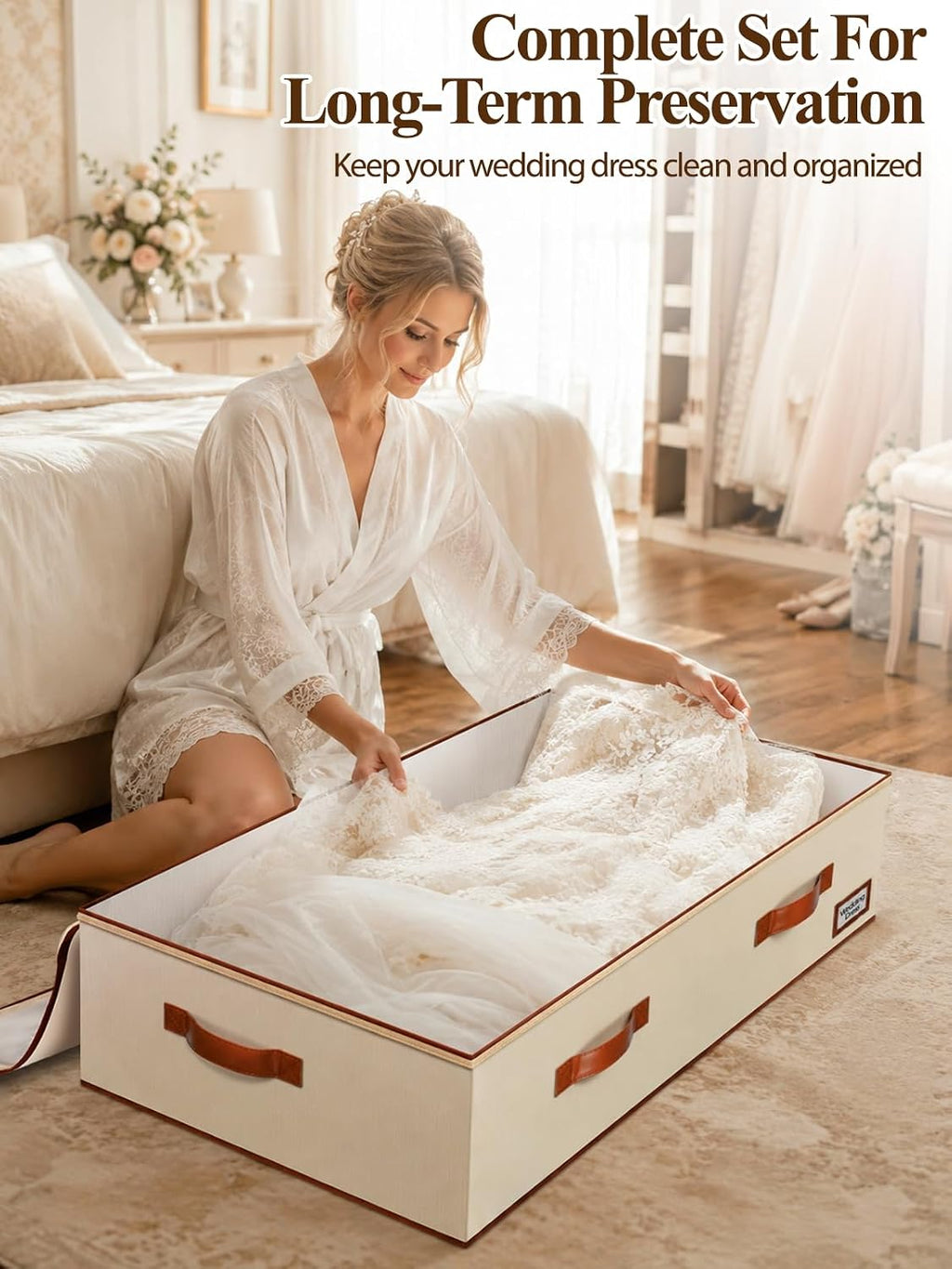 punemi 70L Under Bed Wedding Dress Preservation Box, Beige | With 30 Sheets Acid-Free Tissue Paper & Microfiber Gloves, for Wedding Dresses, Evening Gowns & Heirlooms