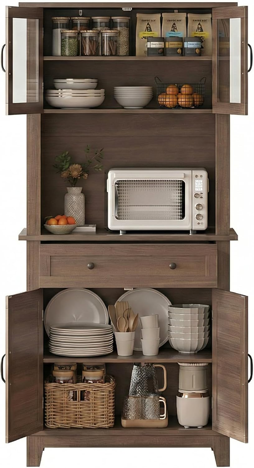 Garvee 72" Tall Kitchen Pantry Cabinet with Hutch and Microwave Stand | ...