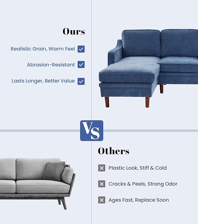 Kingfun 88" L-Shape Sofa, Chenille Sectional Couch, Mid Century Modern Couches with Solid Wood Frame for Living Room & Bedroom, Light Blue