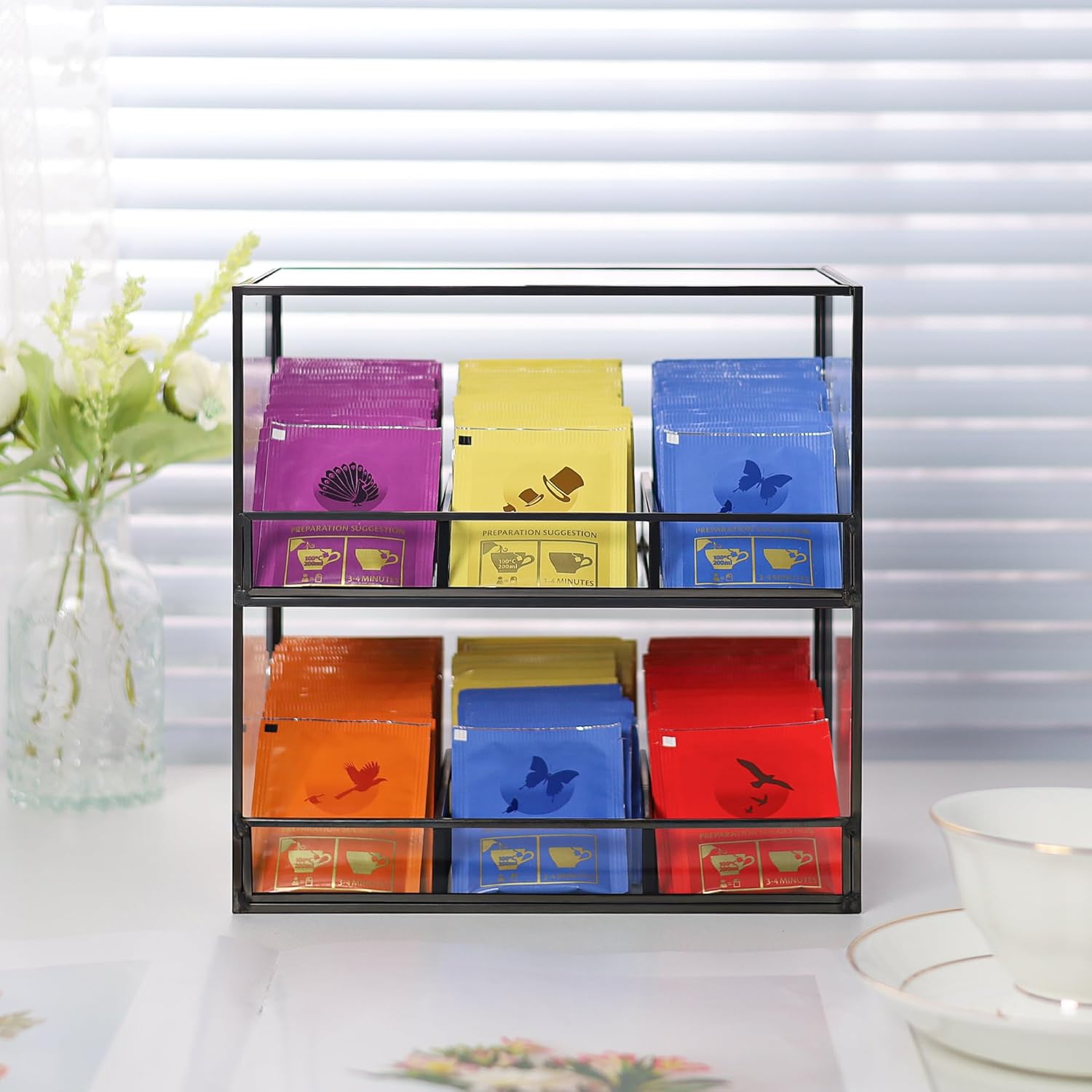 Glass Tea Bag Organizer for Counter, 2-Tier Teabag Organizer Storage Holder for Tea Bags, Glass Caddy Box Containers, Rack Teabag Station Stand for Cabinet Kitchen, 2-Tier, Black