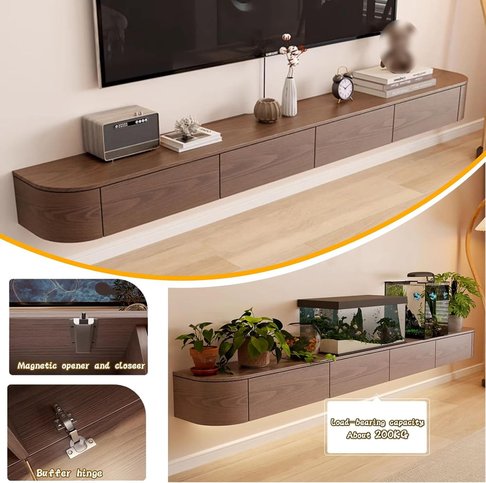 Solid Wood Floating TV Stand - Wall Mounted Media Console with 2 Side Doors, ...