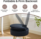 Velvet Black Small Vanity Chair & Stool - 13" Dx13 W Folding Back Storage Ottoman, Anti-Slip Golden V-Leg for Bedroom Makeup Room