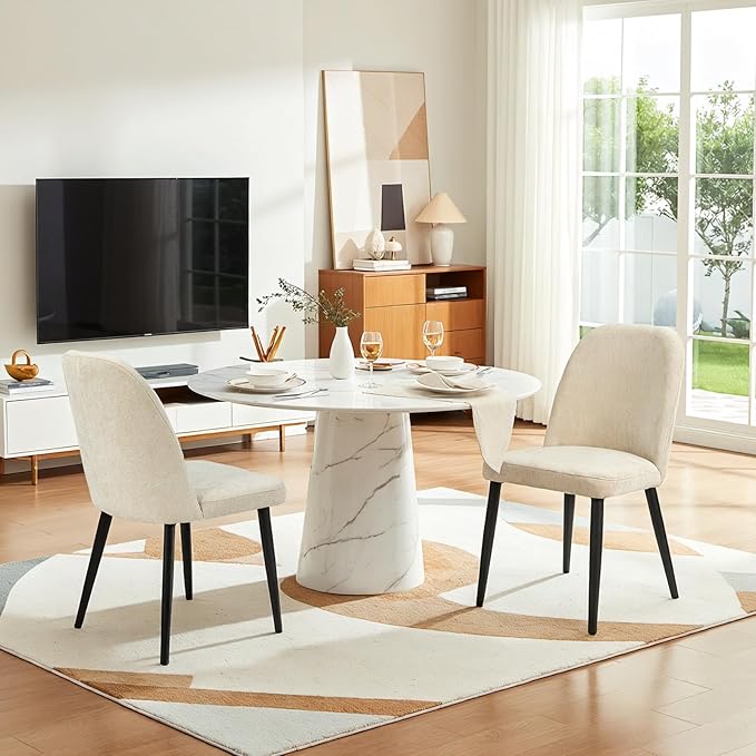 Upholstered Dining Chairs Set of 2 Modern Kitchen Chairs Chenille Fabric Dining Room Chairs High-Back Padded Dining Chairs with Metal Legs for Kitchen Dining Room Restaurant Cafe Hotel, Beige