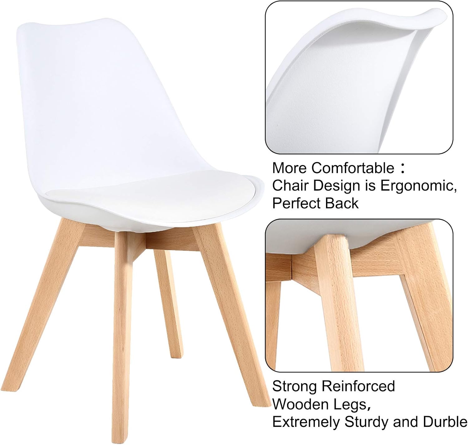 LSSBOUGHT Mid Century Modern Dining Chairs,Shell Lounge Plastic Side Chair with Soft Padded and Wooden Legs for Dining Room Living Room Bedroom Kitchen Set of 2 (White)