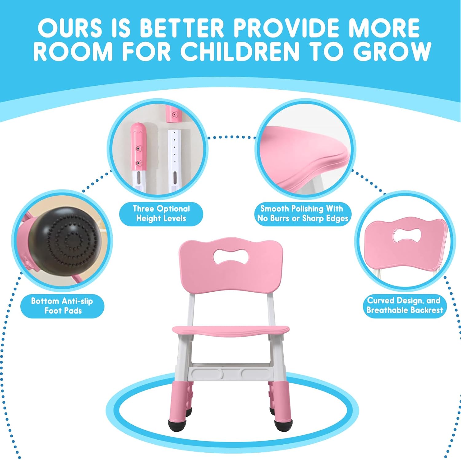 Kids Height Adjustable Toddler Chair Max Load 220LBS Plastic Indoor Outdoor for Children Age 1-6 School Home Daycare Use Pink