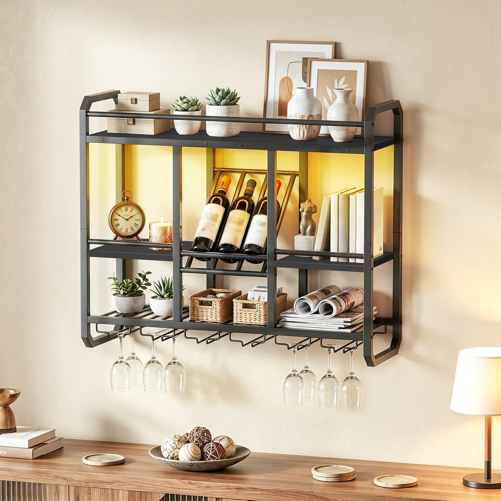 HOOBRO Wall Mounted Wine Rack with LED Light, Wine Shelf with Glass Holder | 4 Tier Metal Hanging Wine Display Shelf, Liquor Bottle Display Rack, for Kitchen, Home Bar, Dining Room