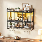 HOOBRO Wall Mounted Wine Rack with LED Light, Wine Shelf with Glass Holder | 4 Tier Metal Hanging Wine Display Shelf, Liquor Bottle Display Rack, for Kitchen, Home Bar, Dining Room