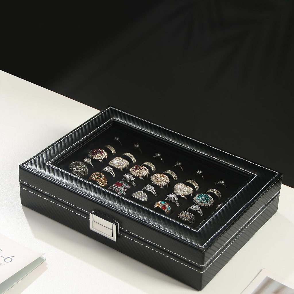 Byken Carbon Fiber Ring Organizer for Jewelry,Rings Display Case,Small Travel Jewelry Box,49 Slots Cufflink Storage Tray with Glass Lid,Black