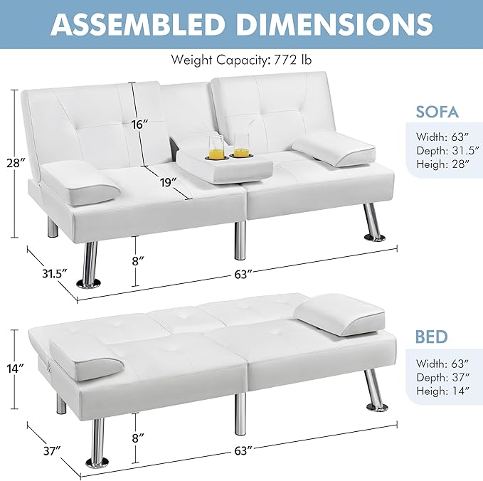 Yaheetech Convertible Sofa Bed Adjustable Couch Sleeper Modern Faux Leather Home Recliner Reversible Loveseat Folding Daybed Guest Bed, Removable Armrests, Cup Holders, 3 Angles, 772lb Capacity, White