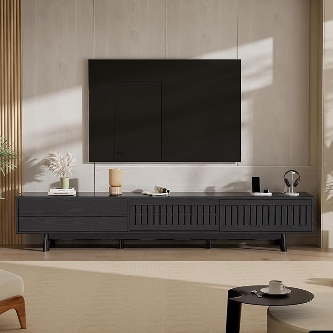 Mid Century Modern TV Stand for 85 Inch TVs, 78.7" Entertainment Center with Storage & Power Outlet, Media Console w/Drawers and Sliding Door, Television Stands for Living Room, Black