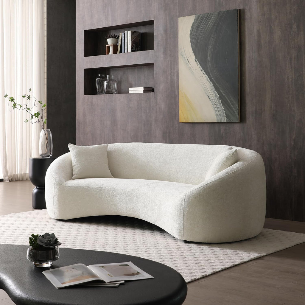 93.31” Modern Curved Sofa,Chenille & Velvet Fabric 3-Seater Couch with Solid Wood Frame,Luxury Cloud Sofa with 2 Throw Pillows,Minimalist Sofas for Living Room,Bedroom,No Assembly Required,White
