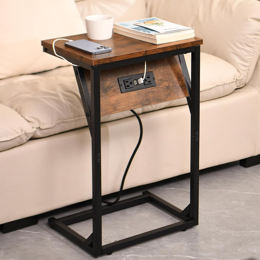 C-Shaped Side Table & End Table, Built-in Power Station (2 AC Outlets, 2 ...