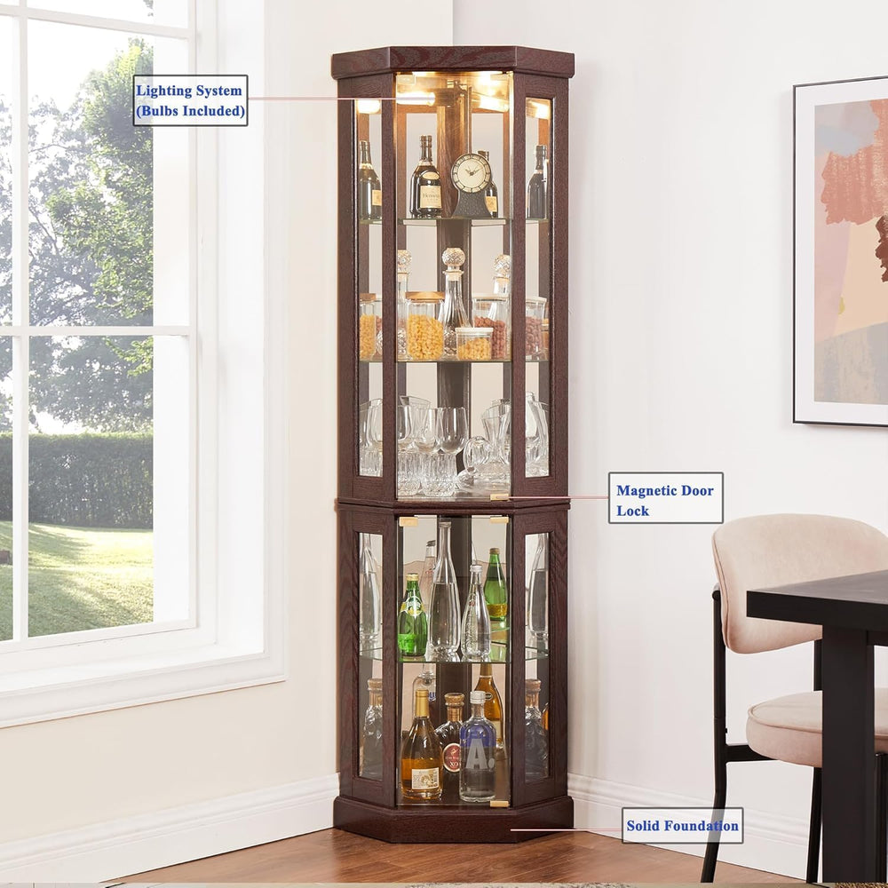 69" H Lighted Corner Curio Cabinet, 5-Tier Curio Glass Display Cabinet w...