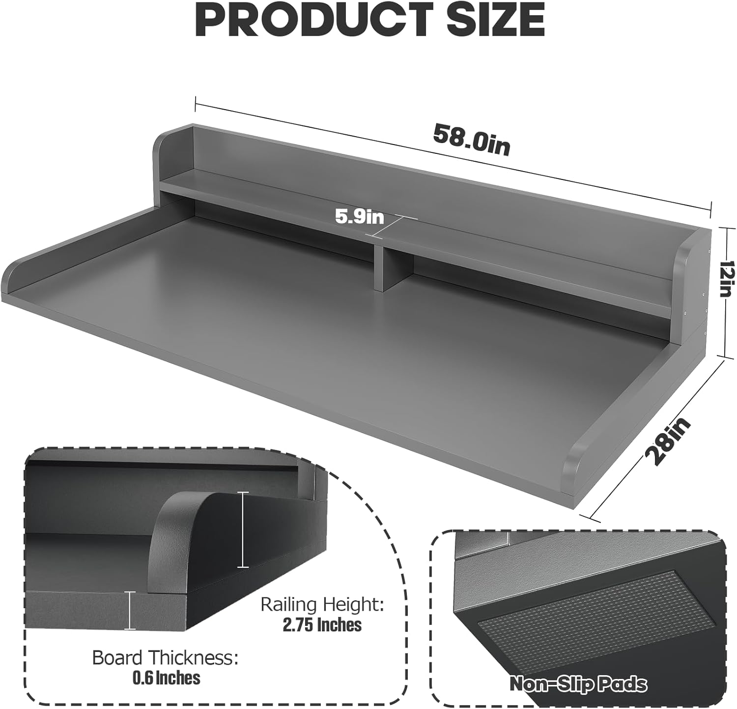 2-Tier Washer Dryer Countertop with 2.75" H Edge Rails, 58" W x 28" D Laundry Countertop for Folding Clothes, Washer and Dryer Topper with Non-Slip Pad (Gray)