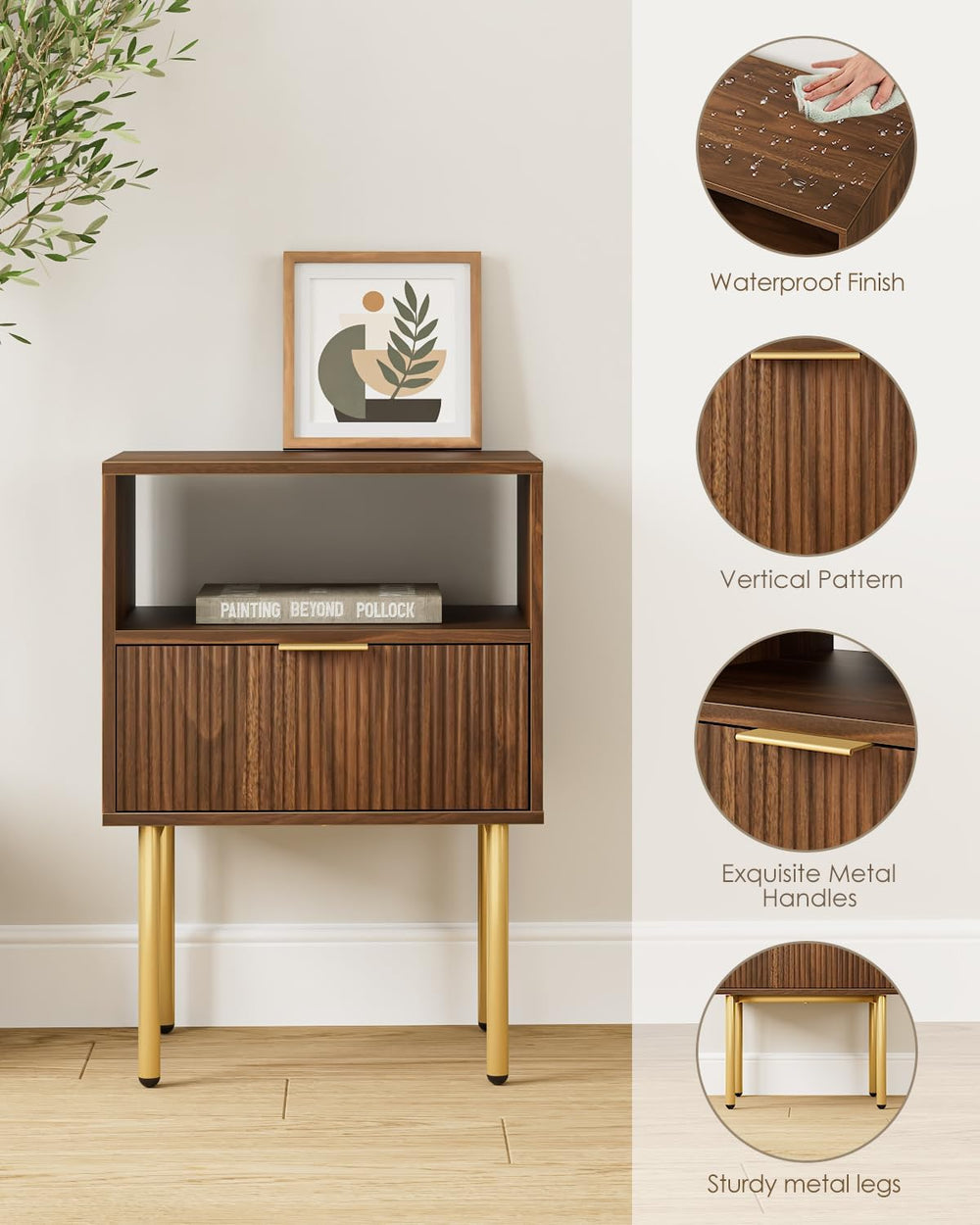 Nightstand,Small Bedside Table with Gold Frame,Walnut Night Stand,Bedside Fur...