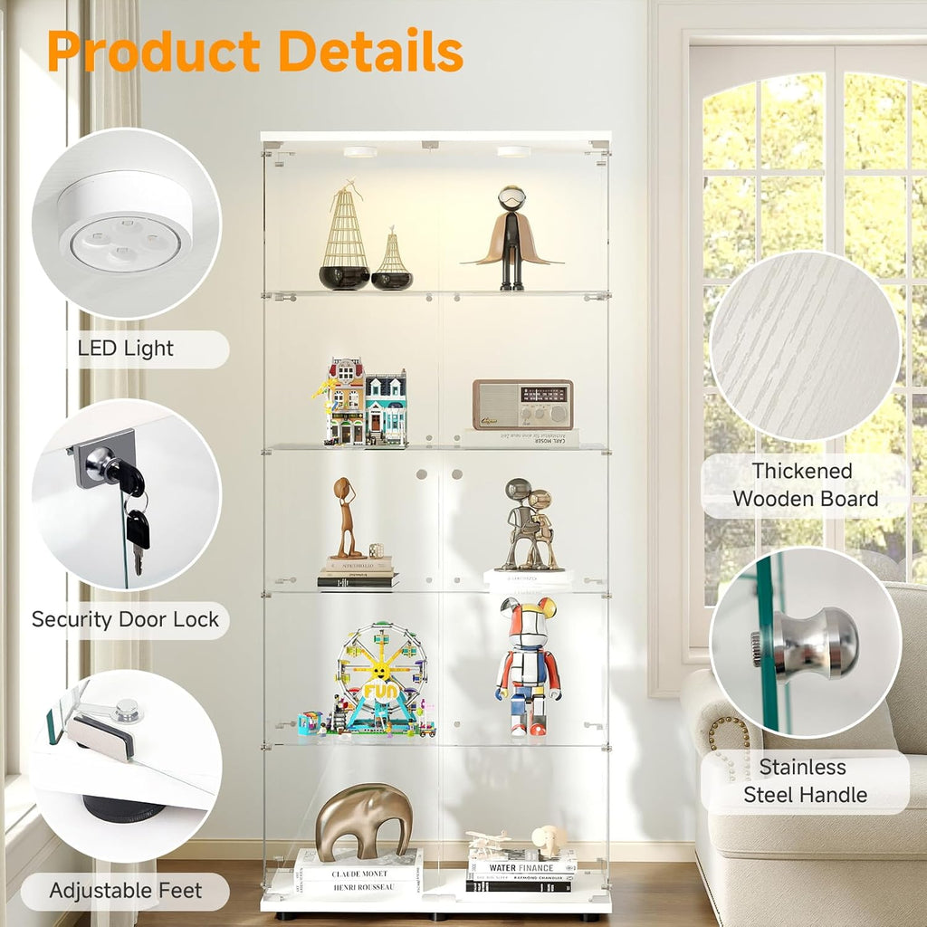 5-Tier Tempered Glass Display Cabinet with Lights, Curio Cabinet with Glass Doors and Lock, Glass Display Case for Collectibles, for Living Room Bedroom Office, Double Door, White