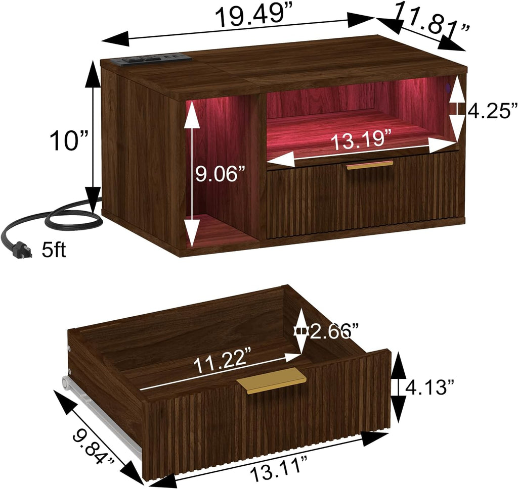 Veegle Floating Nightstand with Charging Station and LED Lights, Walnut Brown