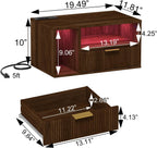 Veegle Floating Nightstand with Charging Station and LED Lights, Walnut Brown
