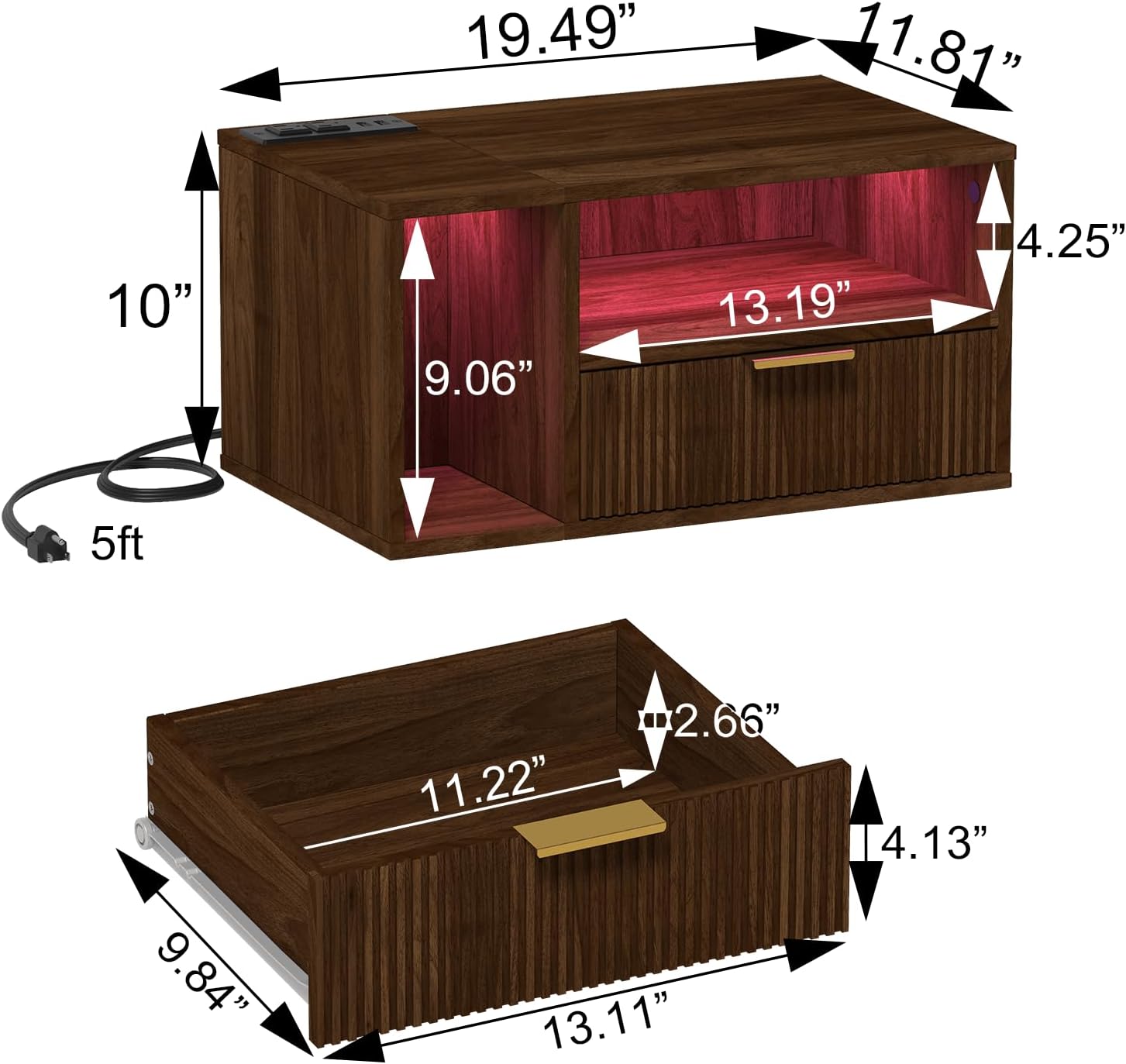 Veegle Floating Nightstand with Charging Station and LED Lights, Walnut Brown