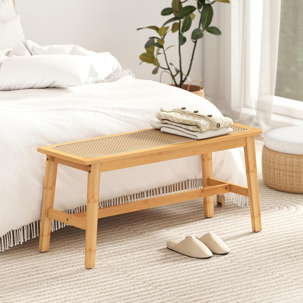 GOFLAME 39.5” Bamboo Dining Bench with Rattan Seat, Farmhouse End of Bed Benc...