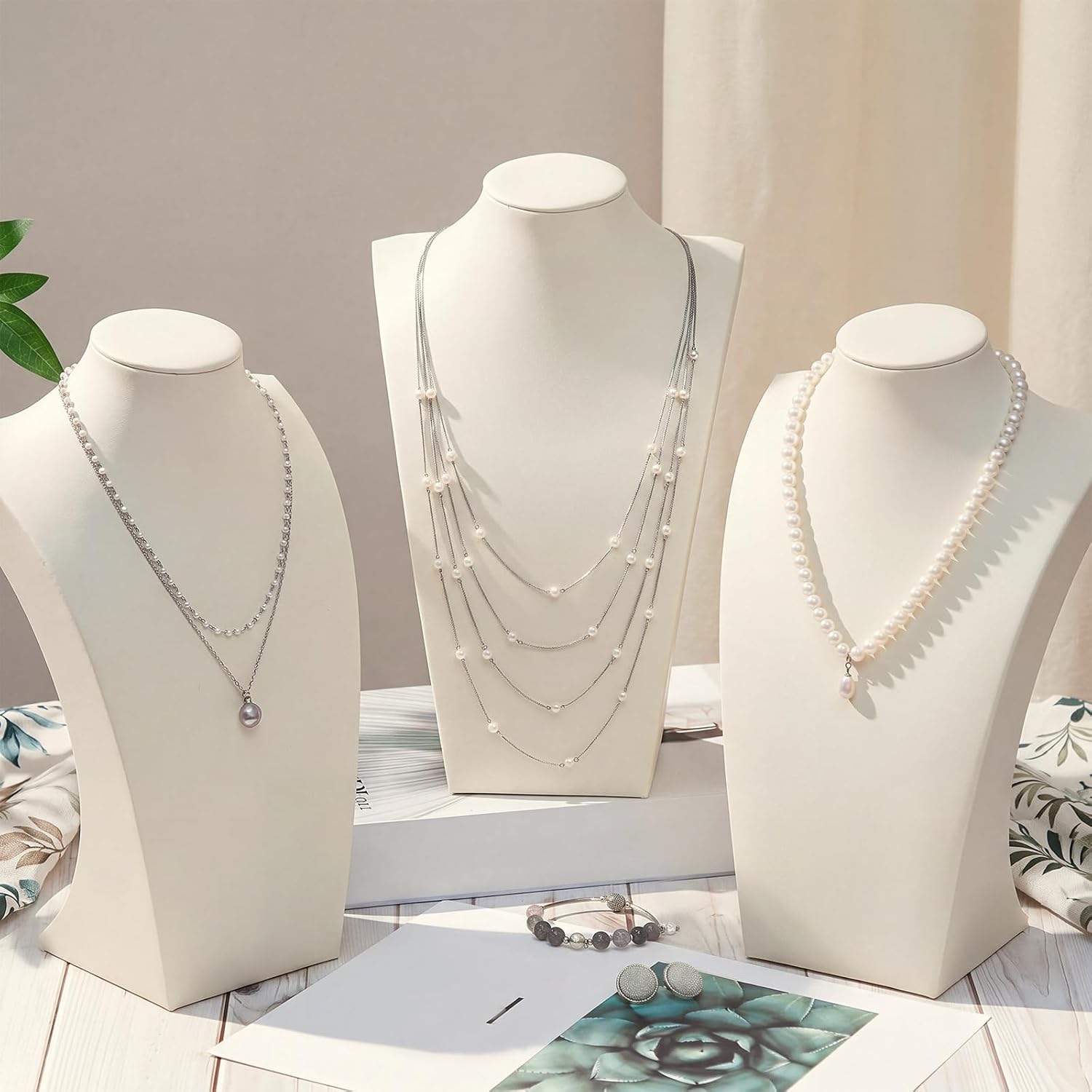Beige 3 Pcs PU Leather Jewelry Display Bust Necklace Display Stand Necklace Mannequin Holder for Jewelry Displays for Vendors (11.42 x 6.89 Inches)