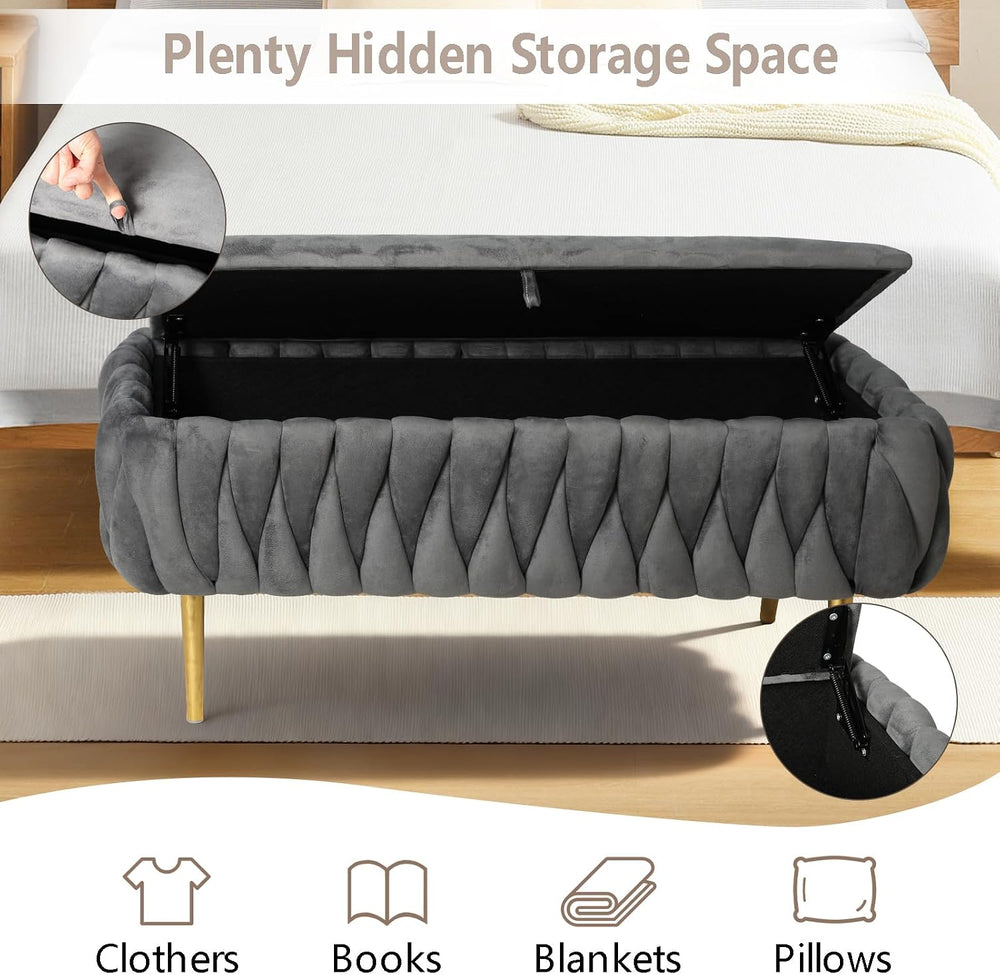 End of Bed Bedroom Storage Bench Upholstered, Hand-Woven Storage Ottoman Benc...