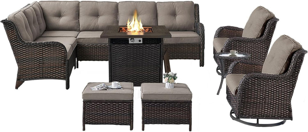 Belord Patio Furniture Set with Fire Pit Table,8 Piece Wicker Outdoor Furnitu...
