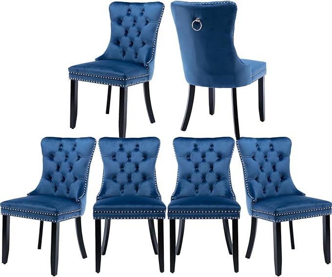Velvet Dining Chairs Set of 6, Tufted Upholstered Dining Room Chairs with Back Ring Pull, Nailhead Trim and Solid Wood Legs, Modern Dining Chairs for Dining Room, Kitchen(Blue)