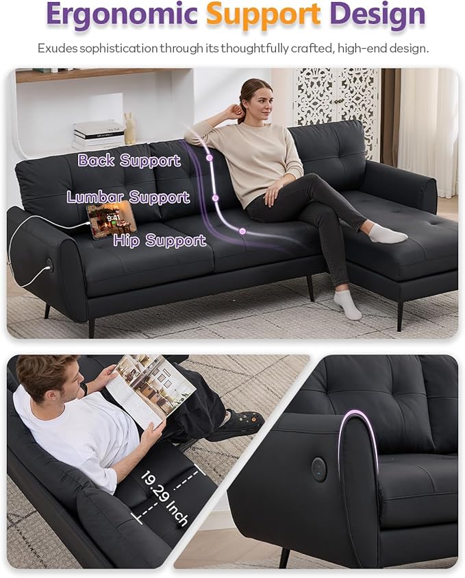 TYBOATLE 3 Seat L Shaped Leather Sectional Couches for Living Room, Faux Leather Couch w/USB & Type-C Charging Port, Small Sectional Sofa w/Deep-Seat Chaise (Black)