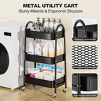 EAGMAK 3 Tier Rolling Cart, Large Metal Storage Cart with Handle and Lockable Wheels, Big Multifunctional Storage Organizer Trolley with Mesh Baskets for Kitchen, Living Room, Office, Garage (Black)