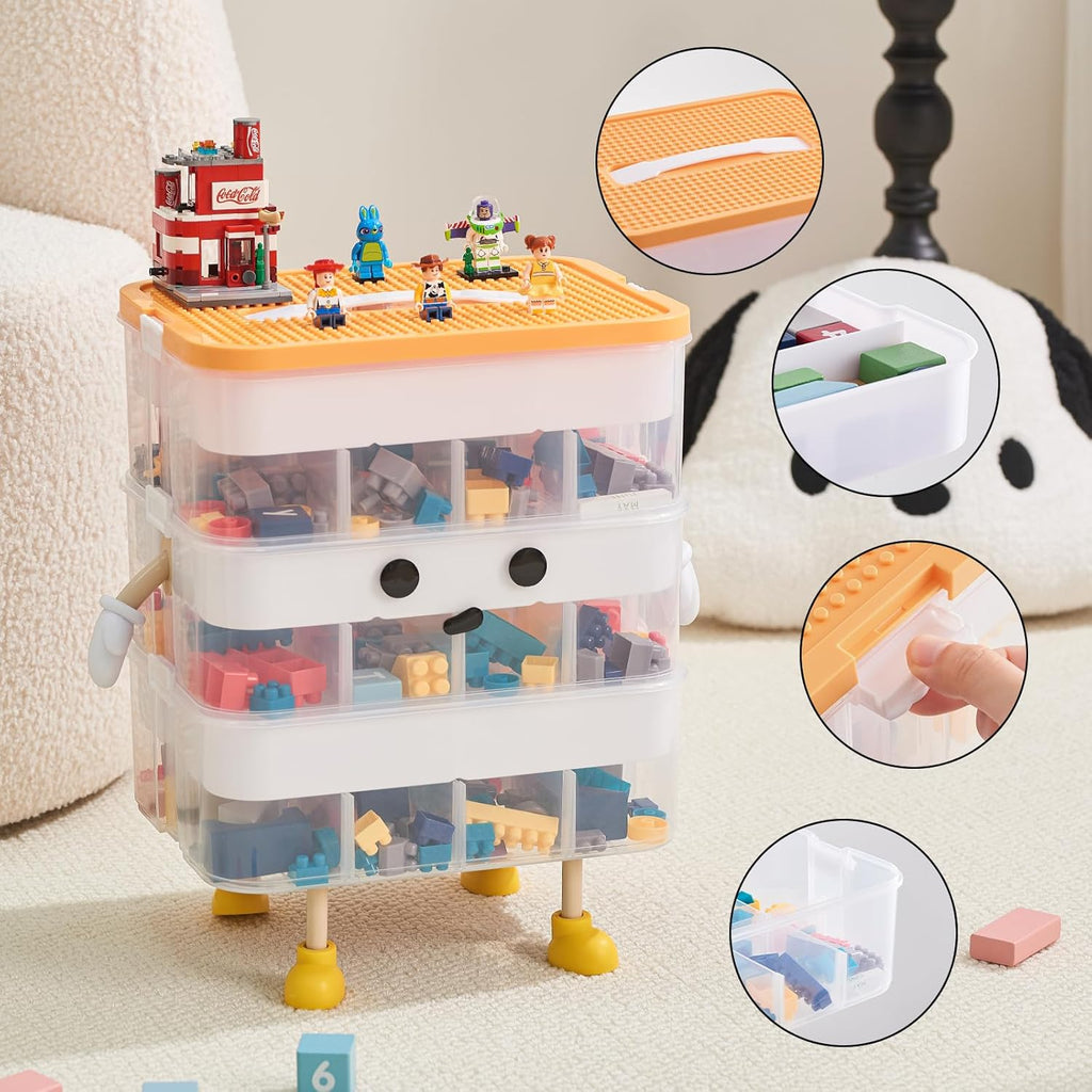 Organizers Storage Box for lego: Plastic Stackable Storage Case with Building Blocks Lids, Containers with Carrying Handle and Adjustable Grid Organizers, 1 Layer Orange