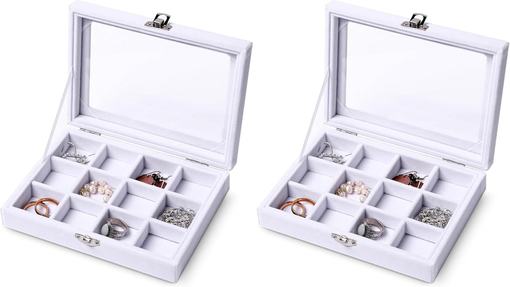 Jewelry Organizer Tray with Clear Lid 12 Grid Velvet Drawer Insert Jewelry Box with Transparent lid Jewelry Display Case Store Showcase Jewelry Box Gift for Women(White,12 Grid) (Pack of 2)