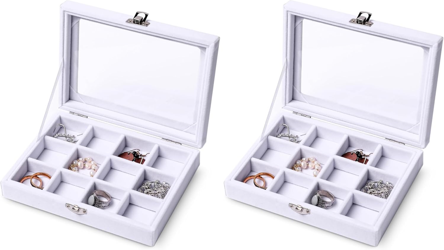Jewelry Organizer Tray with Clear Lid 12 Grid Velvet Drawer Insert Jewelry Box with Transparent lid Jewelry Display Case Store Showcase Jewelry Box Gift for Women(White,12 Grid) (Pack of 2)