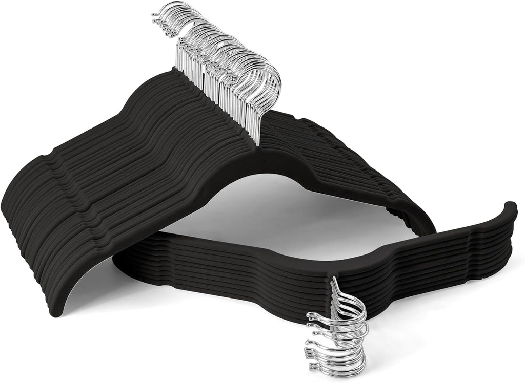 Premium Velvet Hangers 50 Pack - Space-Saving Closet Organizer for Clothes, Non-Slip Flocked Design, Ideal for Shirts and Coats (Black)